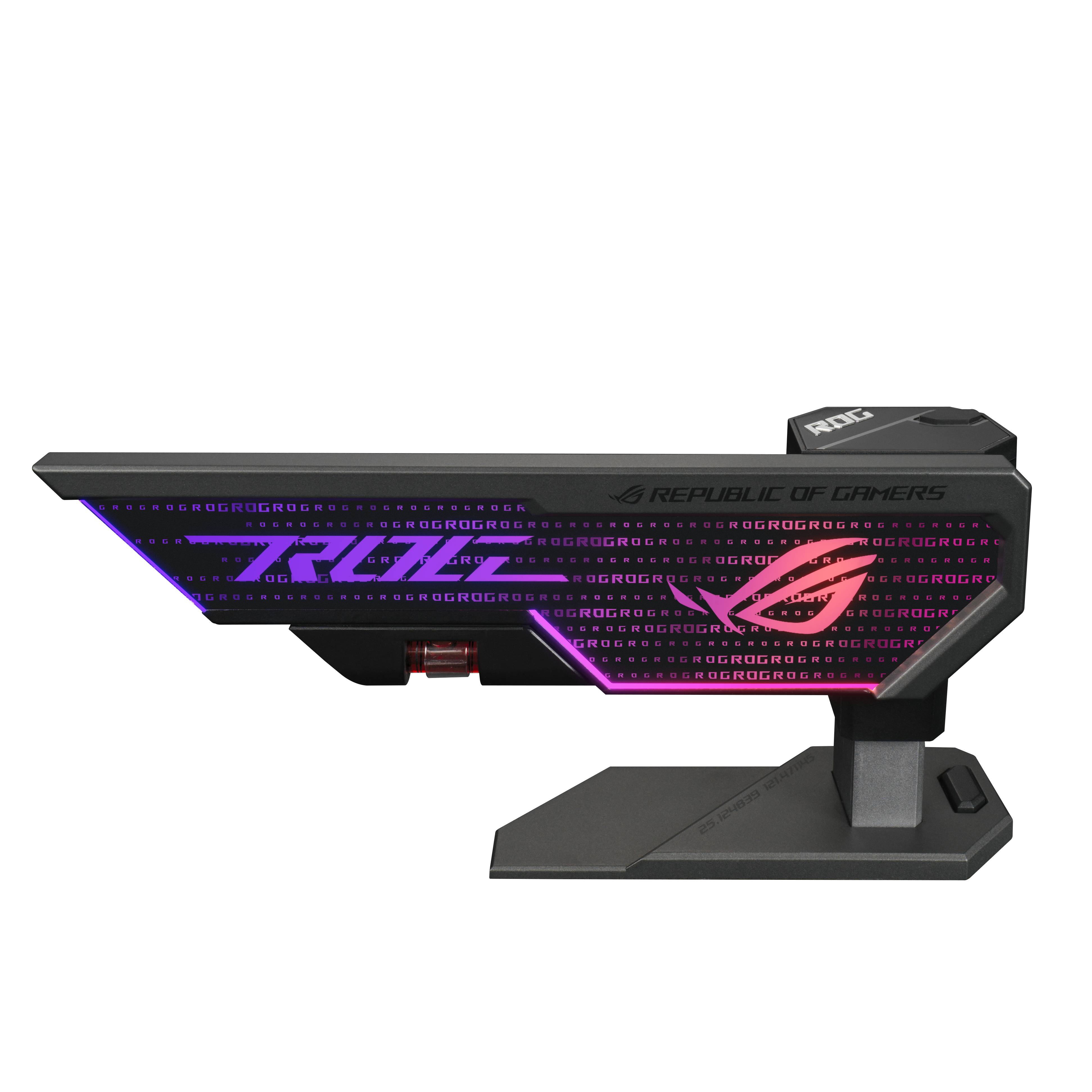 Paměťový modul ROG Strix s RGB podsvícením, černé šasi, svítící nápis a logo, vhodný pro herní počítače.