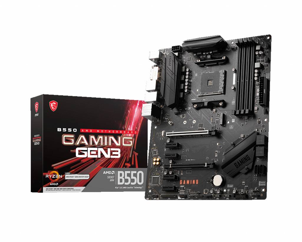 Herní základní deska a její obal jsou vyobrazeny. Model: B550 Gaming Gen3. Obal zdůrazňuje podporu AMD Ryzen a patice AM4.
