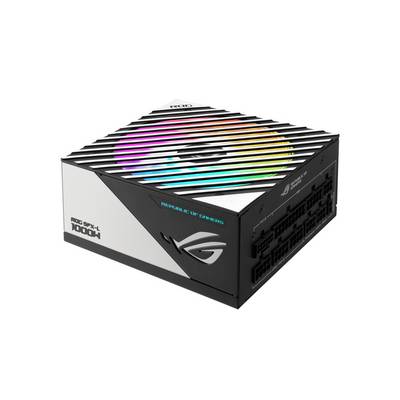 Čtvercový počítačový zdroj s RGB podsvícením. Na straně je viditelný nápis 'REPUBLIC OF GAMERS'.