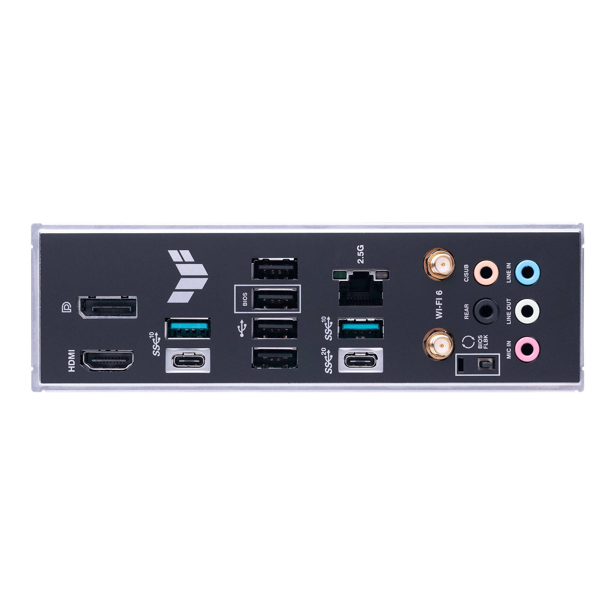 Zadní strana základní desky počítače s HDMI portem, několika USB porty, ethernetovým připojením, audio konektory a připojením pro Wi-Fi antény.