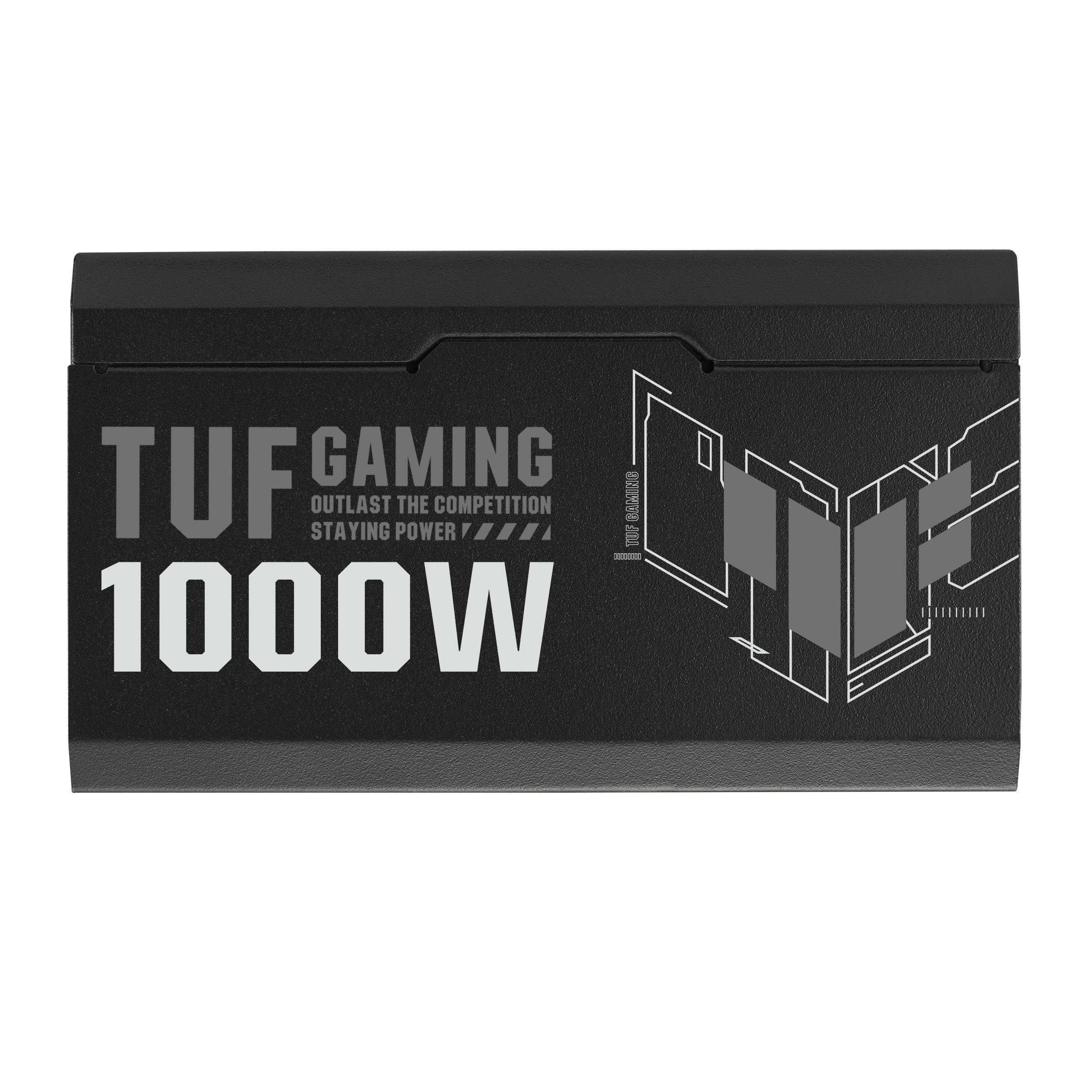 Černá krabice napájecího zdroje s nápisem 'TUF GAMING 1000W'. Vlevo stojí 'PŘESTAŇ KONKURENCI', vpravo abstraktní grafika.