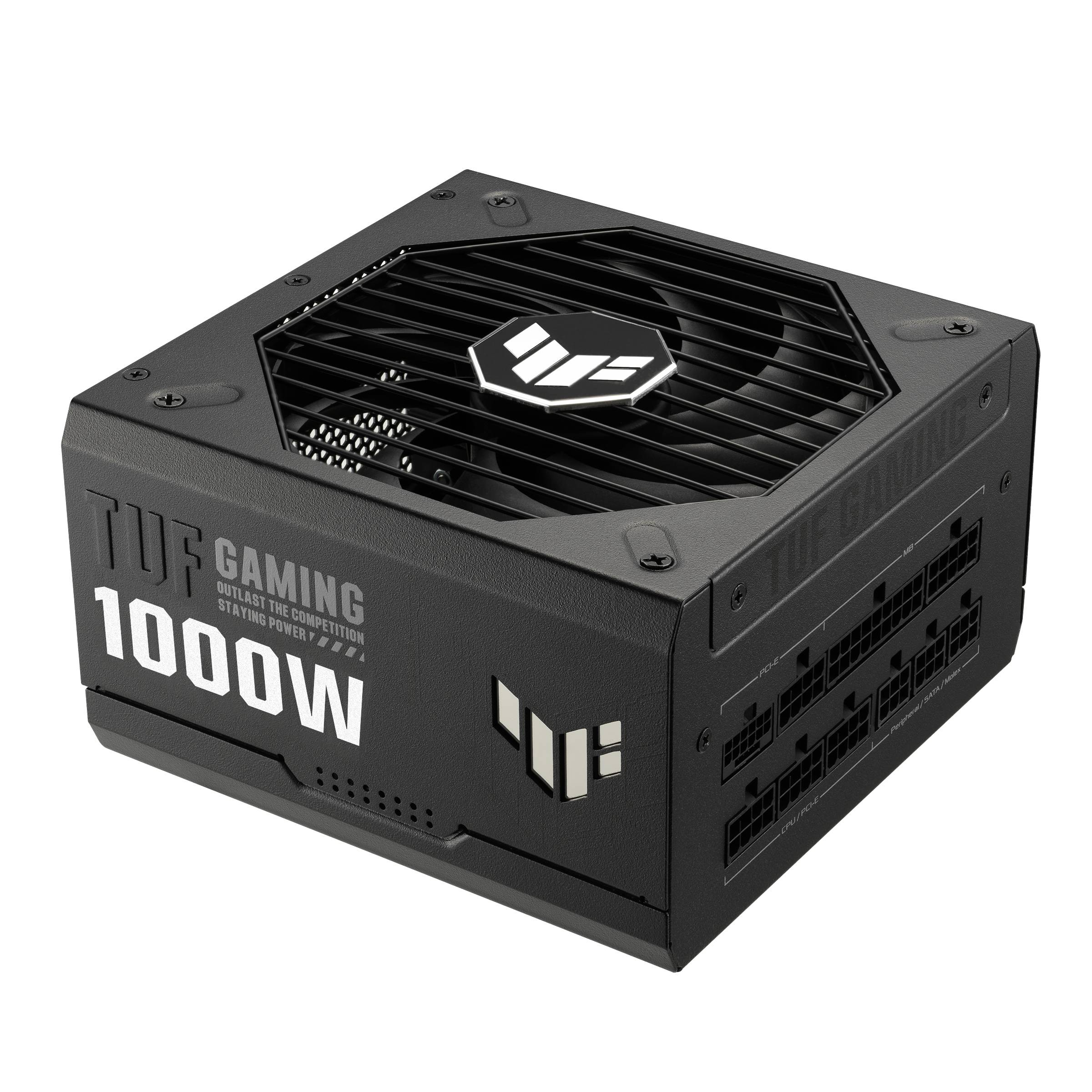 Černý počítačový zdroj s nápisem 'TUF Gaming 1000W'. Design s větracími mřížkami a několika konektory na straně.