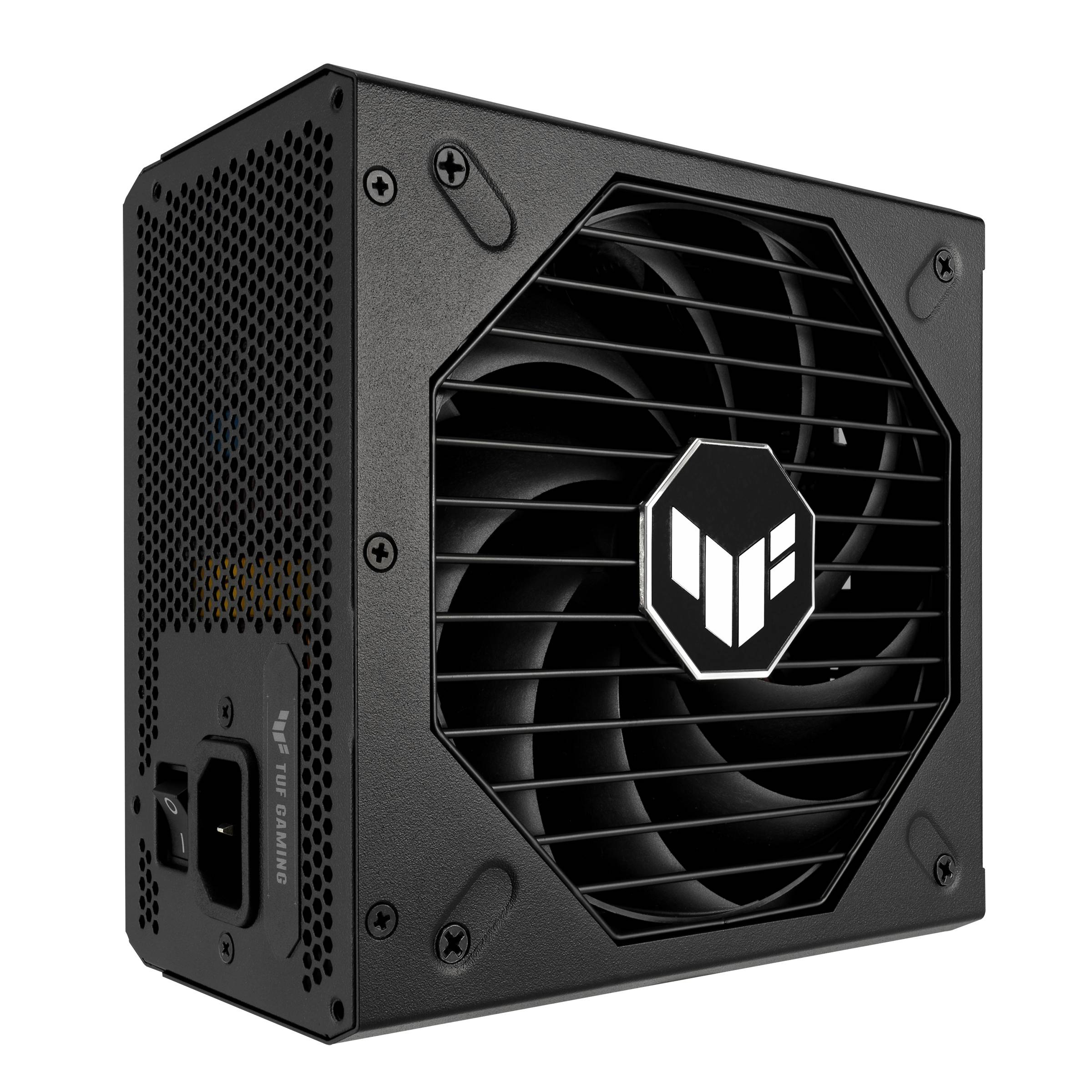 Černý napájecí zdroj s ventilátorem a bílým logem na přední straně, vhodný pro napájení počítačových skříní.
