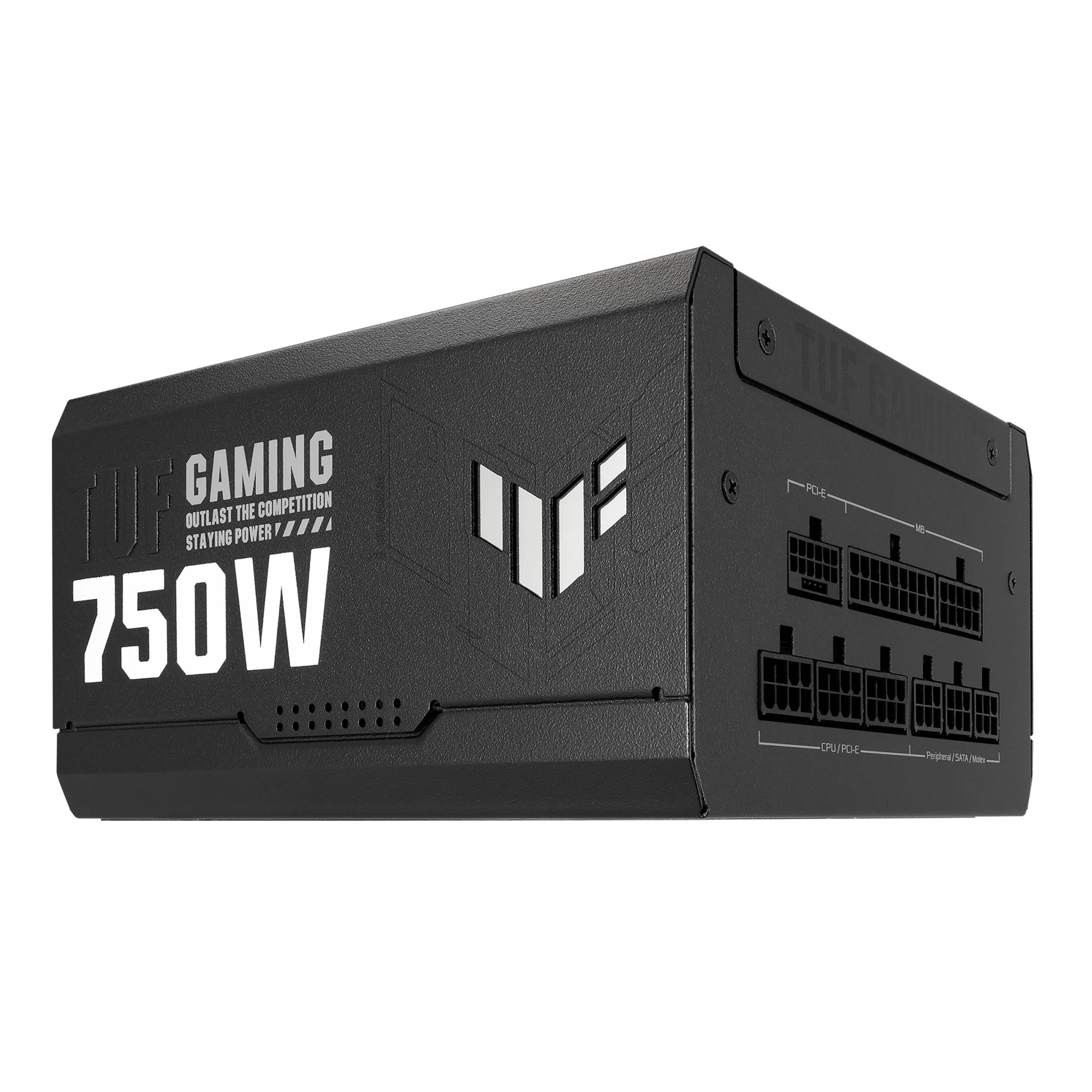 Napájecí zdroj v počítačové skříni s nápisem 'TUF Gaming 750W'. Černý design s několika konektory, vhodný pro herní počítač.