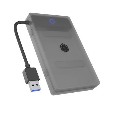 Externí pevný disk s USB připojením v průhledném pouzdře, s modrou kontrolkou a logem ve tvaru kostky na přední straně.