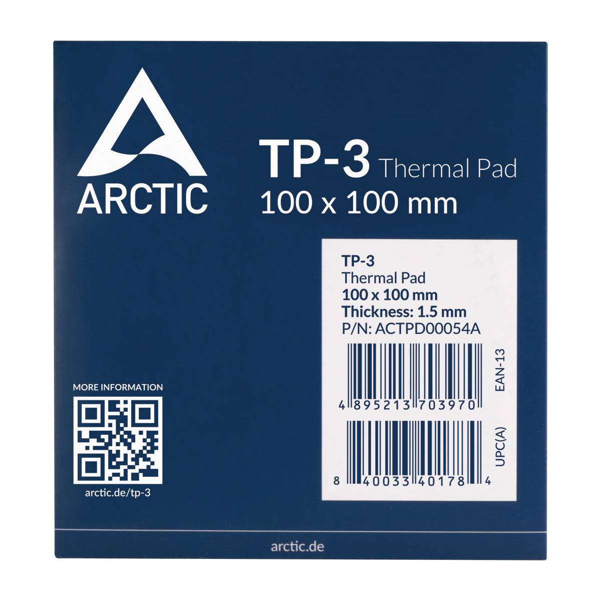 Obal 'ARCTIC TP-3 Termo podložky' o rozměrech 100 x 100 mm, tloušťka 1,5 mm. Obsahuje číslo produktu a čárové kódy. Další informace: arctic.de/tp-3.