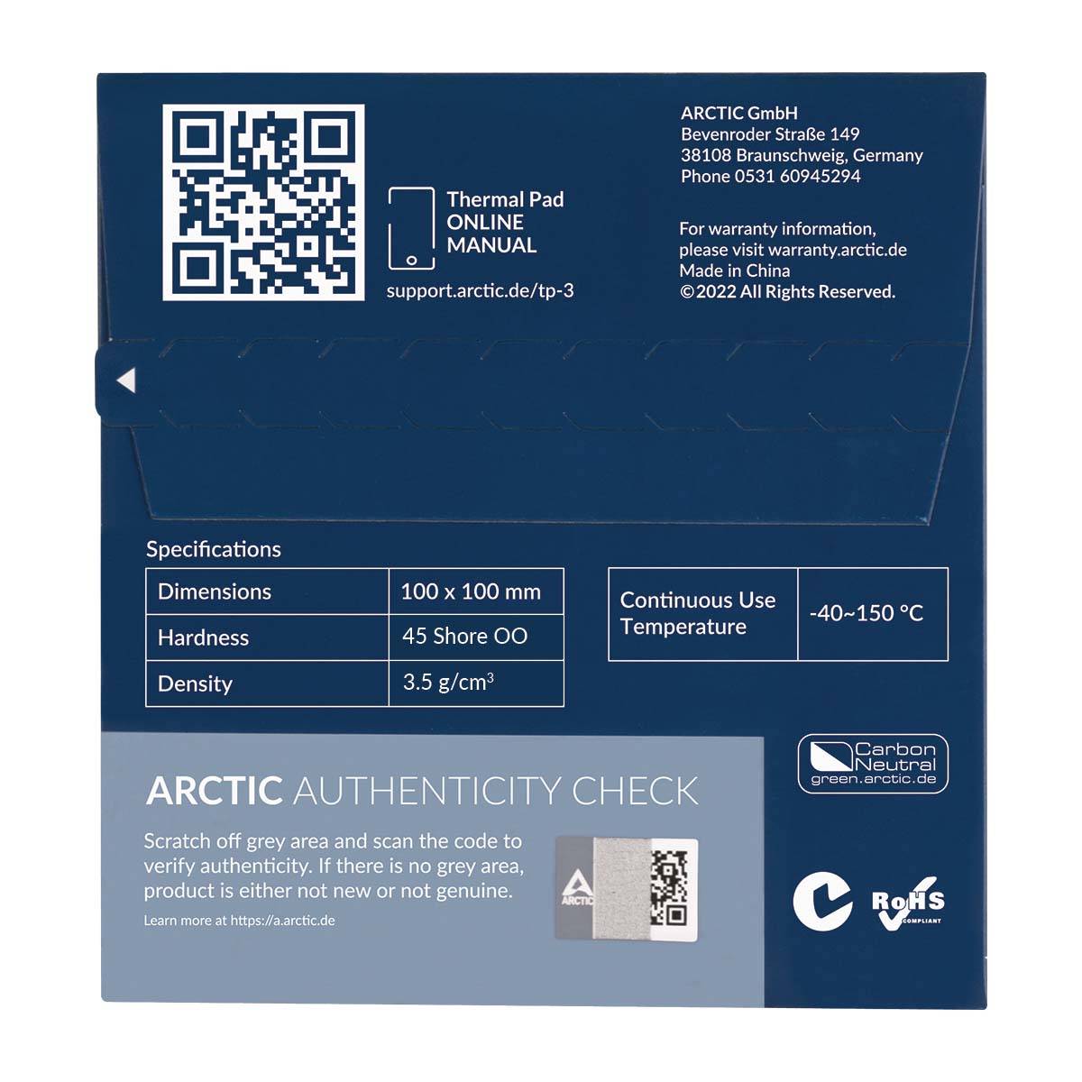Zadní strana obalu se specifikacemi: Rozměry 100x100 mm, tvrdost 45 Shore OO, hustota 3,5 g/cm³, teplota -40 až 150°C. Obsahuje QR kód a kontaktní informace.