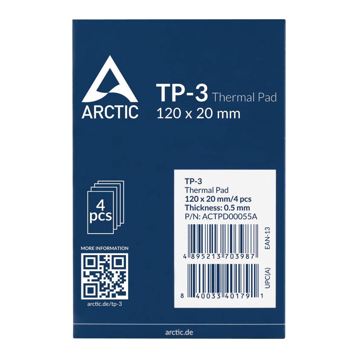 Obal teplovodivé podložky ARCTIC TP-3, modrá, 120 x 20 mm, 4 kusy, tloušťka 0,5 mm. Obsahuje produktové číslo a čárový kód.
