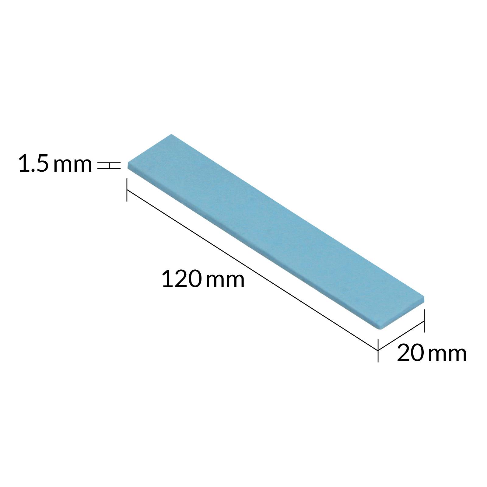 Obdélníkový, plochý modrý pruh o rozměrech: 120 mm délka, 20 mm šířka a 1,5 mm tloušťka.