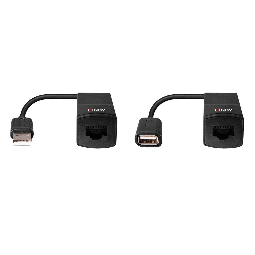 Dva černé USB-to-Ethernet adaptéry na bílém pozadí. Vlevo s USB zástrčkou, vpravo s USB zdířkou. Oba použitelné jako síťový prodlužovač.