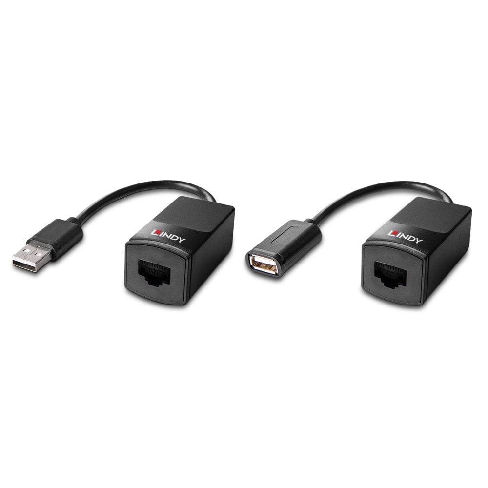 USB prodlužovač přes Cat5 se skládá ze dvou adaptérů určených k prodloužení USB signálu pomocí ethernetového kabelu, místa pro zapojení jsou označena.