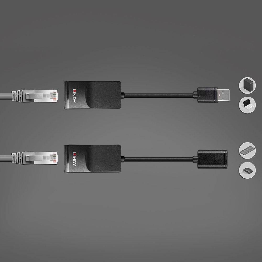 Dva černé adaptéry s USB a ethernetovými konektory, umístěné vedle sebe na šedém pozadí. Vlevo ethernetový, vpravo USB konektor.