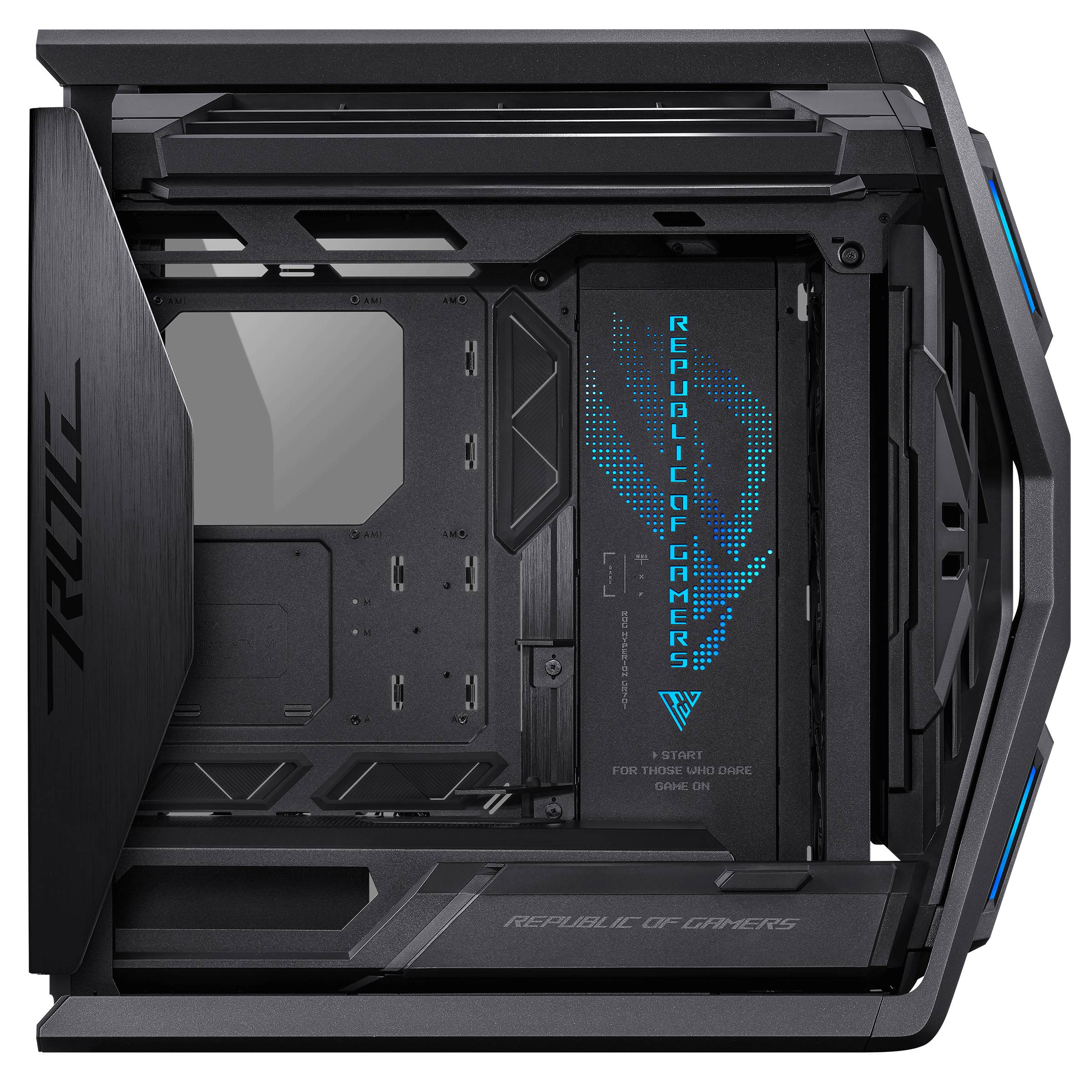 Herní PC skříň v černé barvě s průhledným oknem a LED logem 'Republic of Gamers'. Moderní design vhodný pro výkonný hardware.
