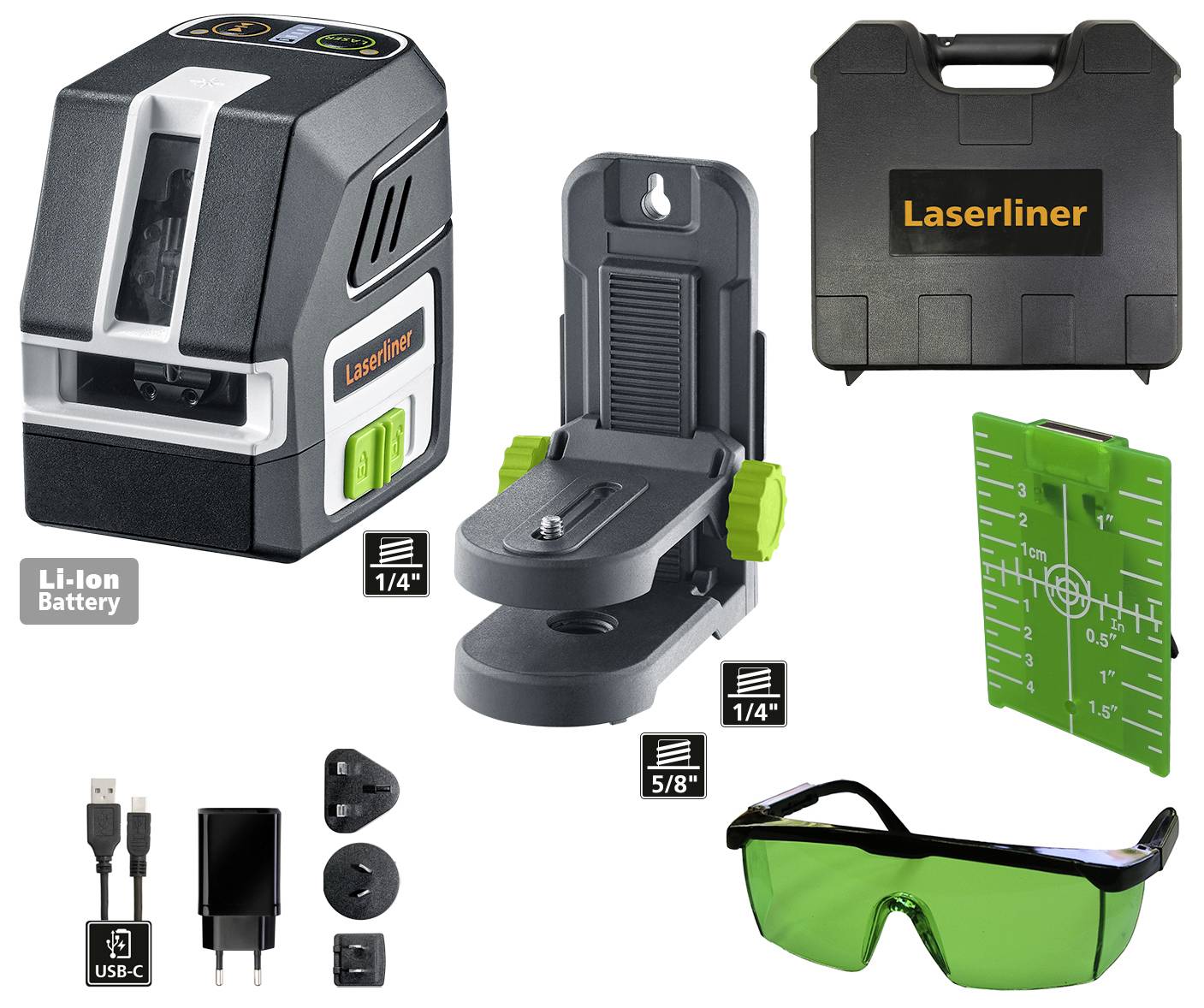 Sada laserového vodováhu včetně laserového přístroje, nástěnného držáku, zelených ochranných brýlí, nabíječky, USB-C kabelu, přenosné tašky a adaptéru.