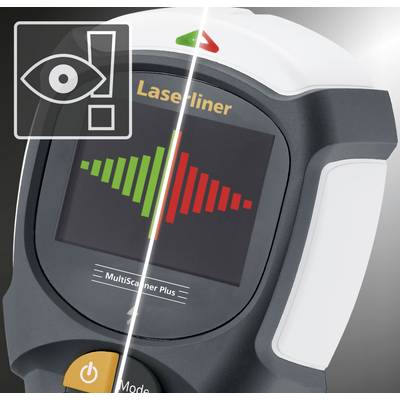 Digitální měřicí přístroj s displejem, který zobrazuje zelené a červené sloupcové grafy. Symbol oka s vykřičníkem je zvýrazněn.