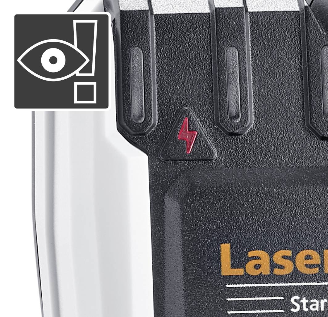 Detailní záběr zařízení s blesku symbolizujícím a textem 'Laser', signalizující opatrnost při provozu laseru, černý a bílý kryt.