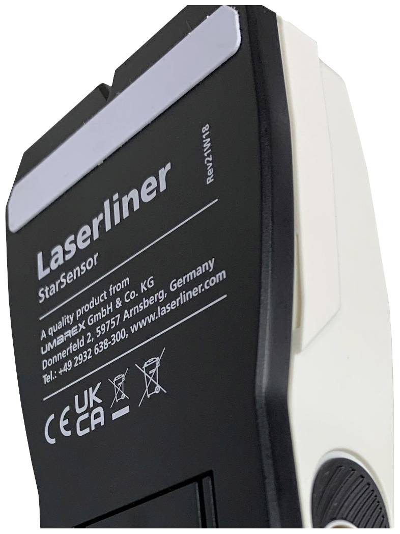 Laserový přístroj Laserliner StarSensor s technickými informacemi a kontaktními údaji výrobce na zadní straně.