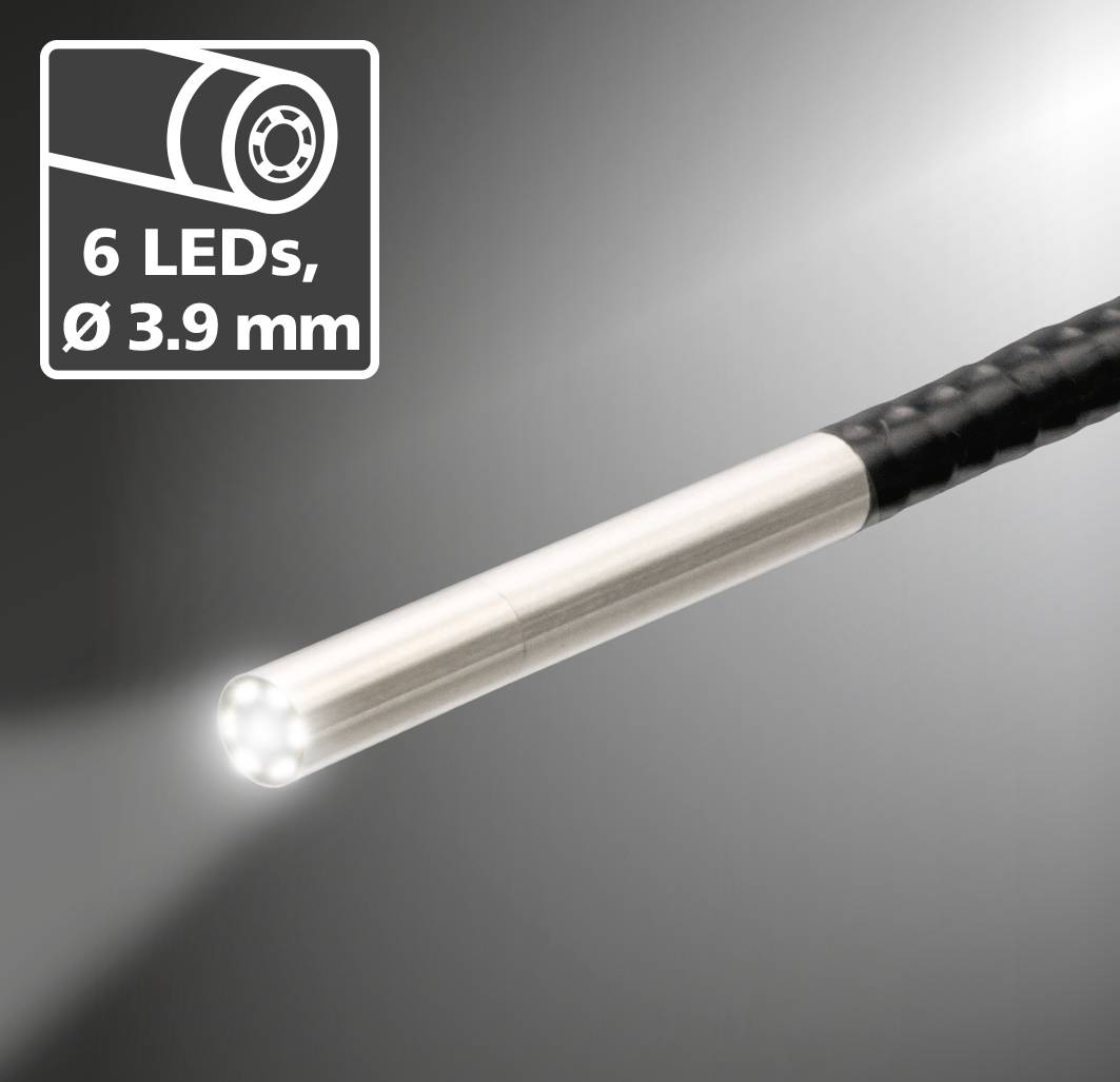 Endoskopická sonda se 6 LED diodami, průměr 3,9 mm; zobrazuje osvětlený konec pro prohlížení v úzkých prostorech nebo dutinách.