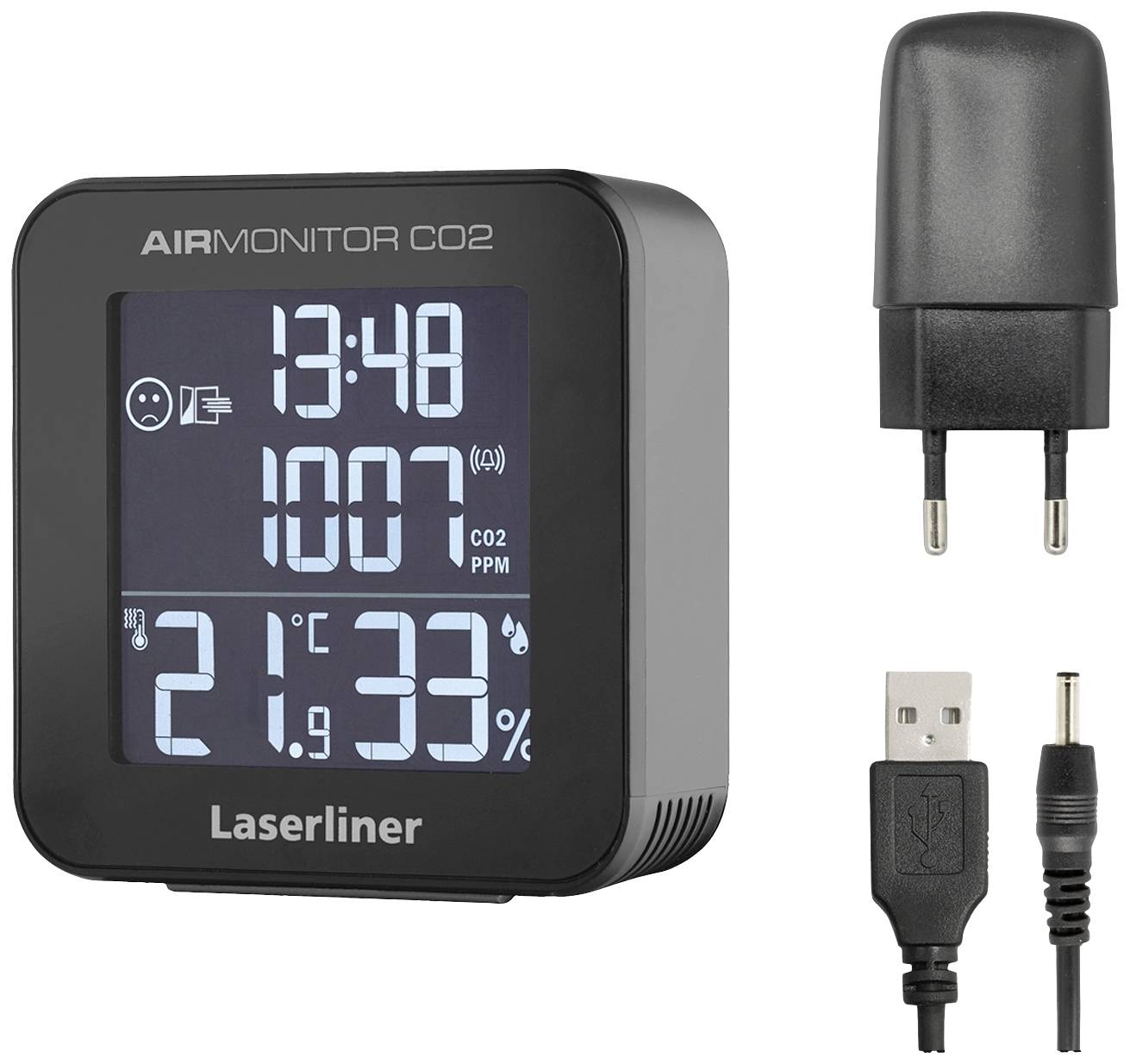 Monitor CO2 s digitálním displejem ukazuje čas 13:48, obsah CO2 1007 ppm, teplotu 21,9°C a 33% vlhkosti vzduchu. Obsahuje USB nabíjecí adaptér.