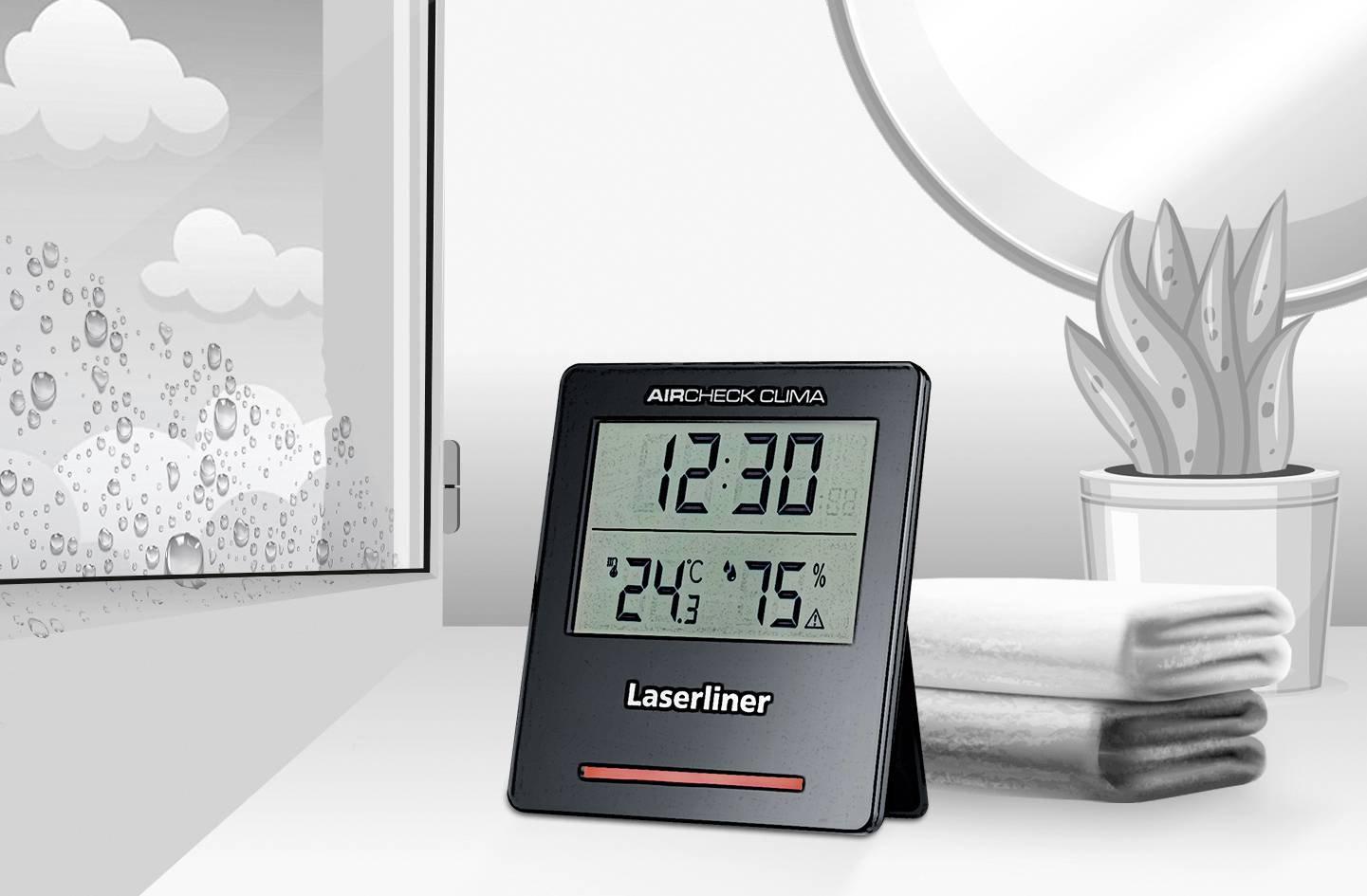 Digitální vlhkoměr na stole ukazuje '12:30', '24°C', '75%'. V pozadí okno s kapkami deště, rostliny a ručníky.