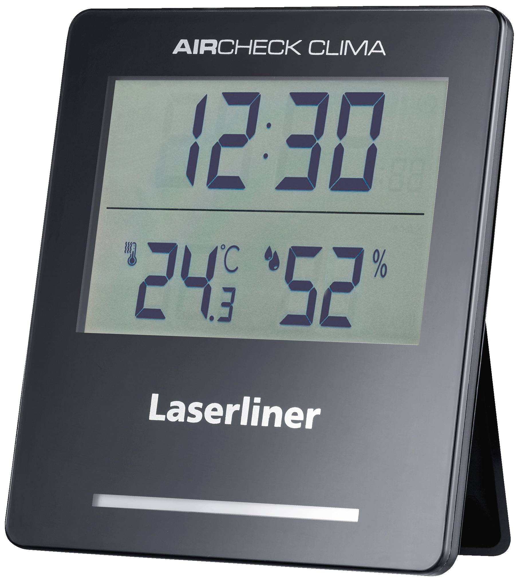 Digitální stolní teploměr ukazuje čas '12:30', teplotu '24,3°C' a vlhkost vzduchu '52%'. Zařízení od společnosti Laserliner.