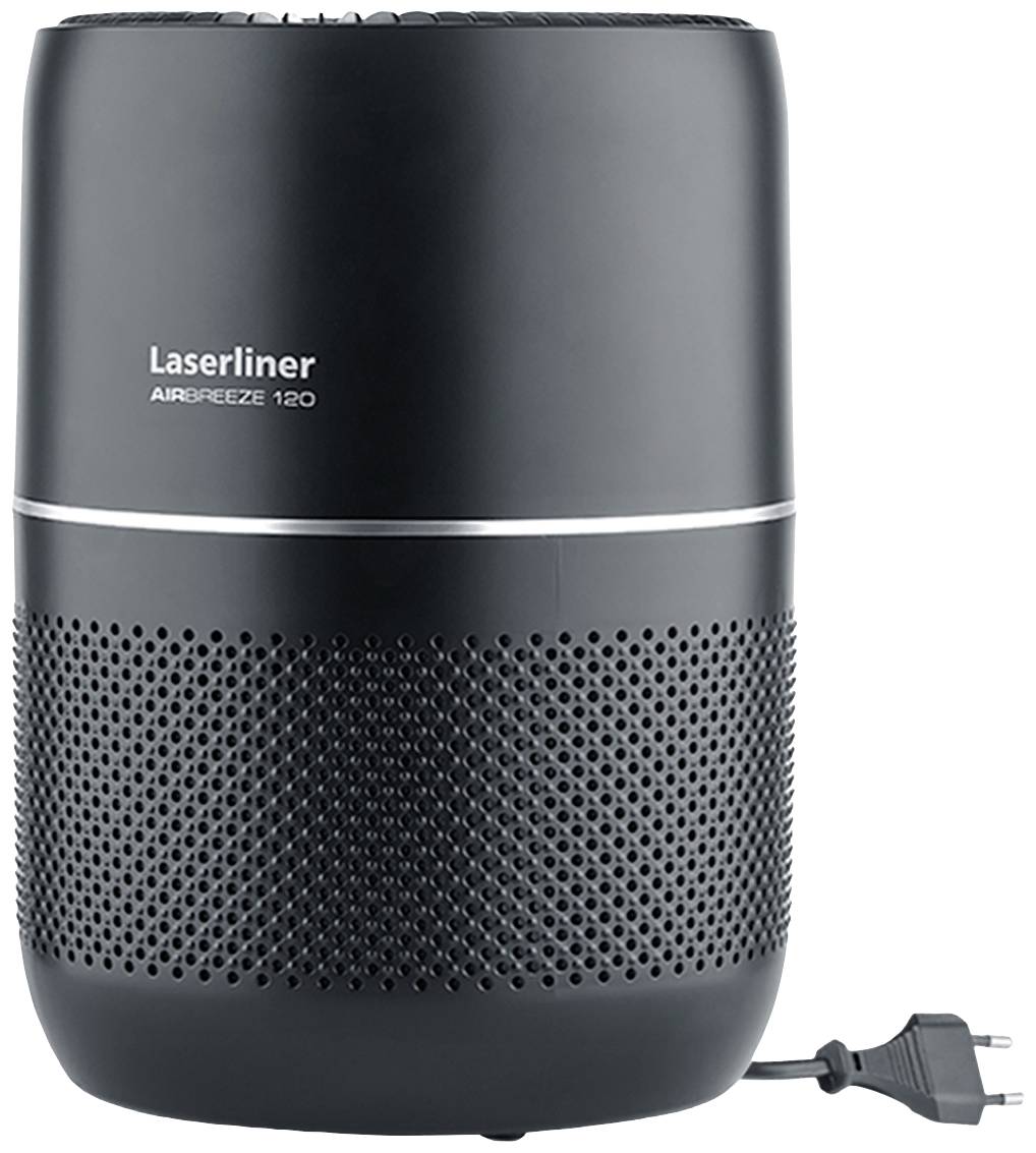 Čistička vzduchu s nápisem 'Laserliner AIRBREEZE 120', válcovitého tvaru, v černém designu, síťová zástrčka viditelná vlevo dole.