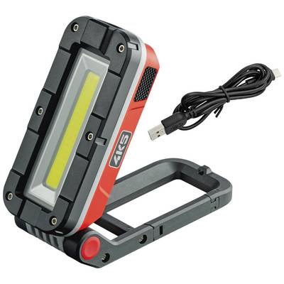 Přenosná LED lampa s USB nabíjecím kabelem. Lampa má sklopné pouzdro a rukojeť pro všestranné použití.
