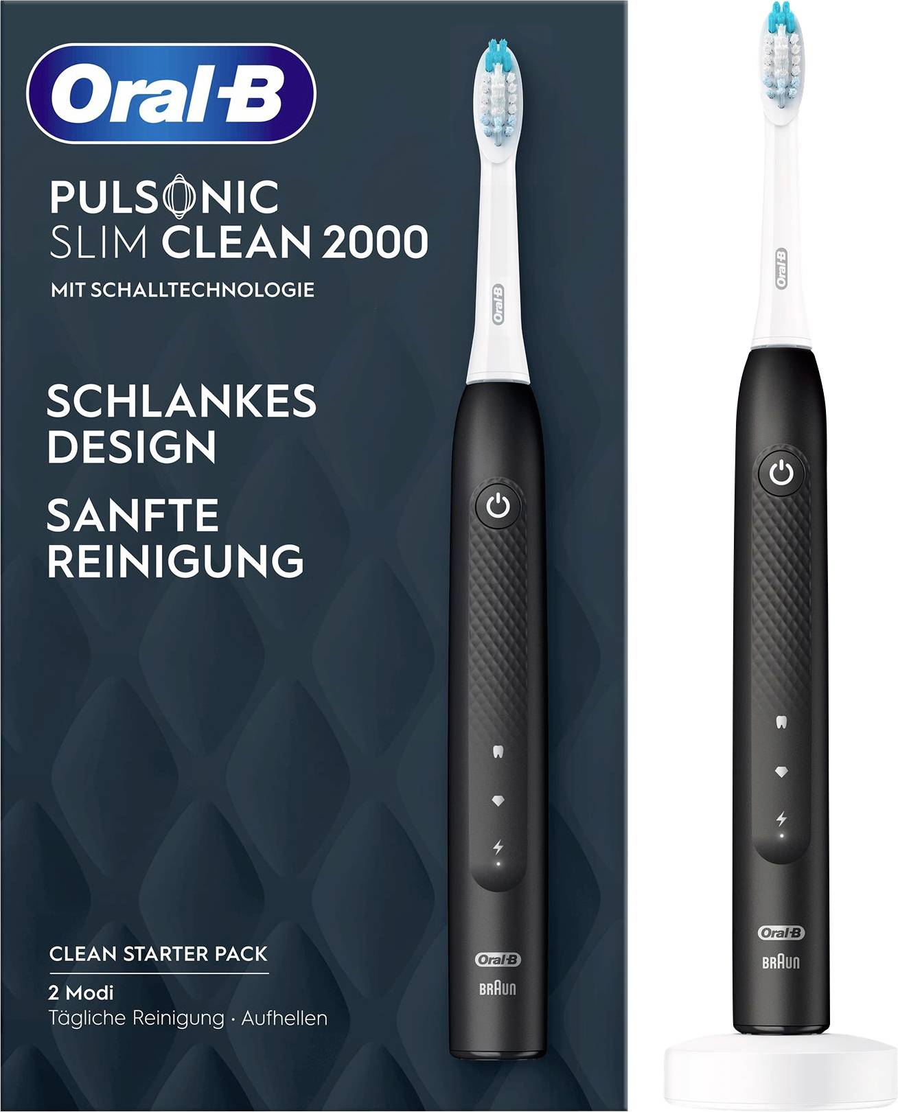 Elektrický zubní kartáček Oral-B Pulsonic Slim Clean 2000 s 'štíhlým designem', 'šetrným čištěním', s elegantním černým designem.