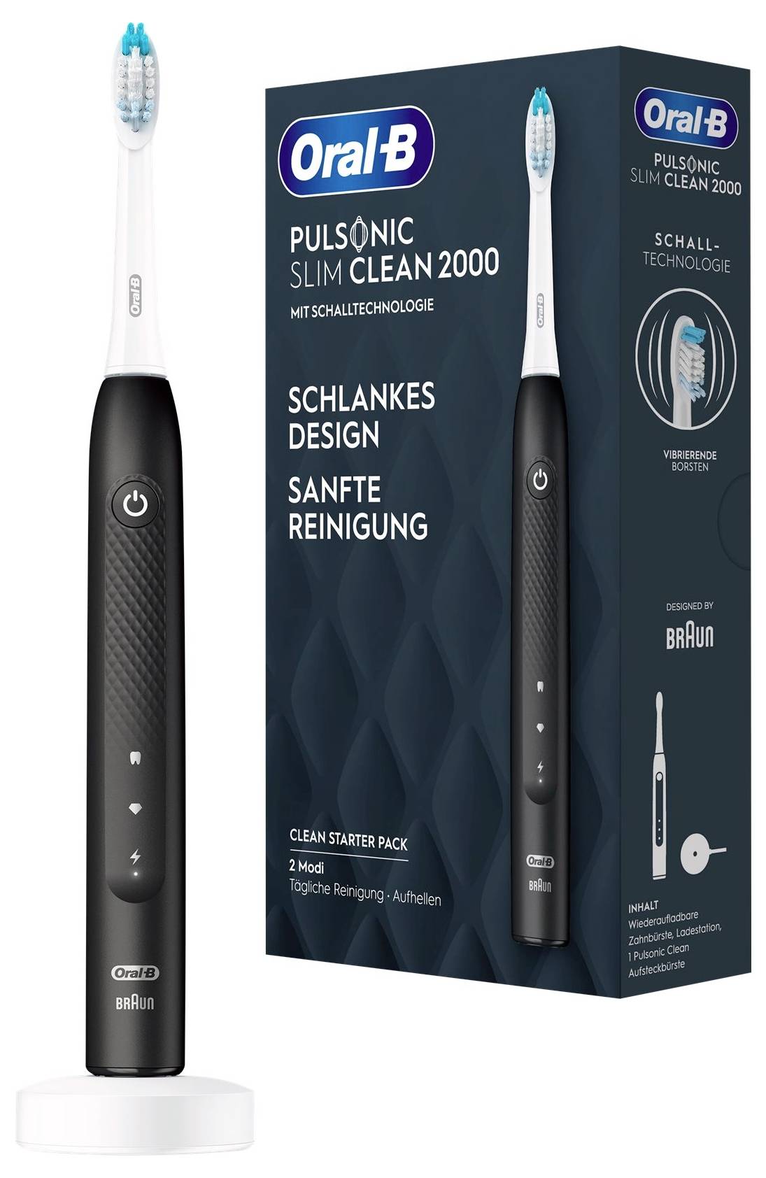 Elektrický zubní kartáček s elegantní černou rukojetí a modrými štětinkami, vedle krabičky zobrazující firemní značku a zvýrazňující vlastnosti v němčině.