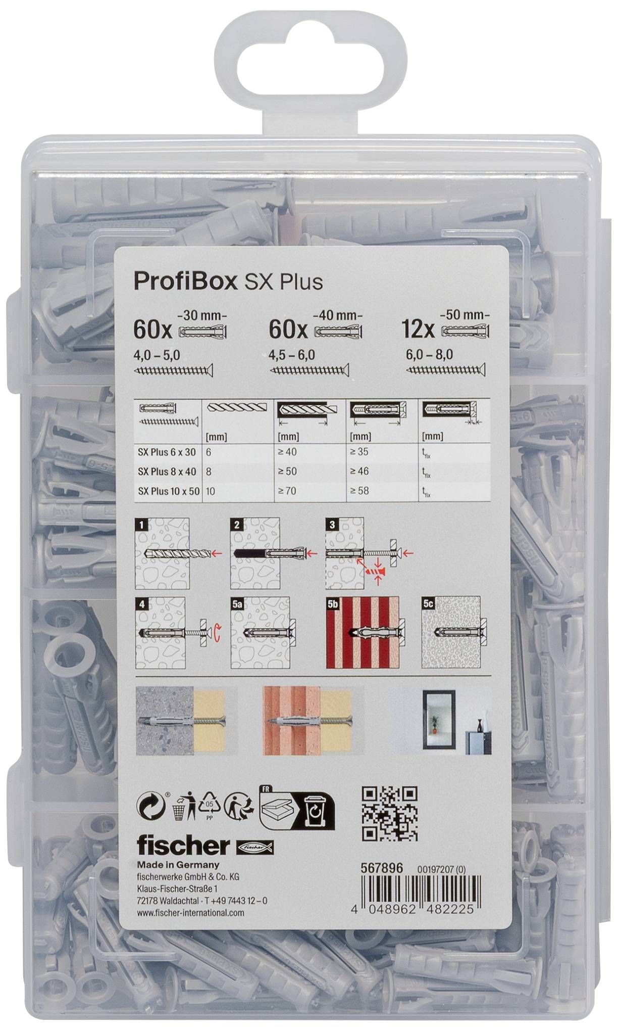 ProfiBox SX Plus obsahuje 60 hmoždinek 4,0-5,0 mm, 60 hmoždinek 4,5-6,0 mm, 12 hmoždinek 6,0 mm, vhodných pro sádrokarton, zdivo, beton.