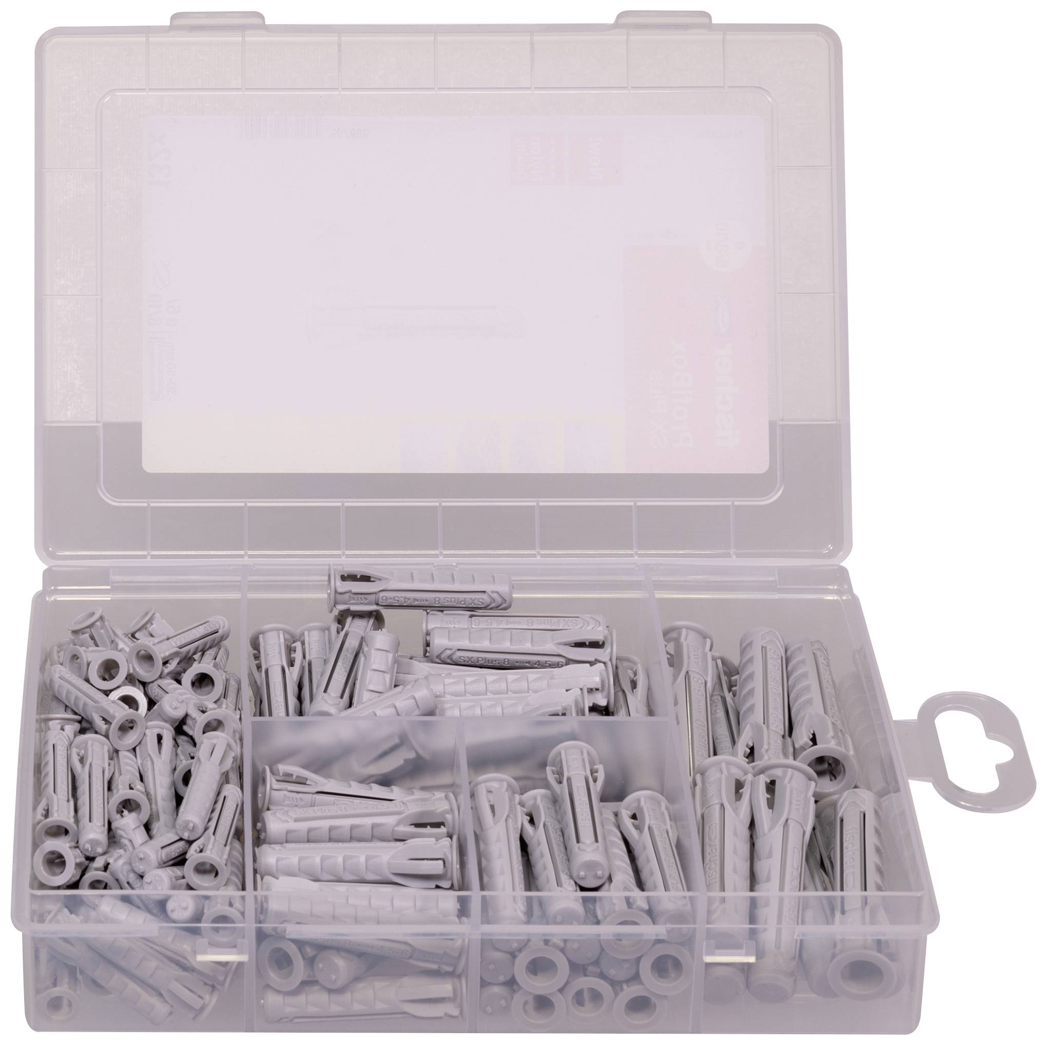 Plastový box s šedými hmoždinkami různých velikostí, roztříděnými do přihrádek. Ideální pro upevňování šroubů do stěn.
