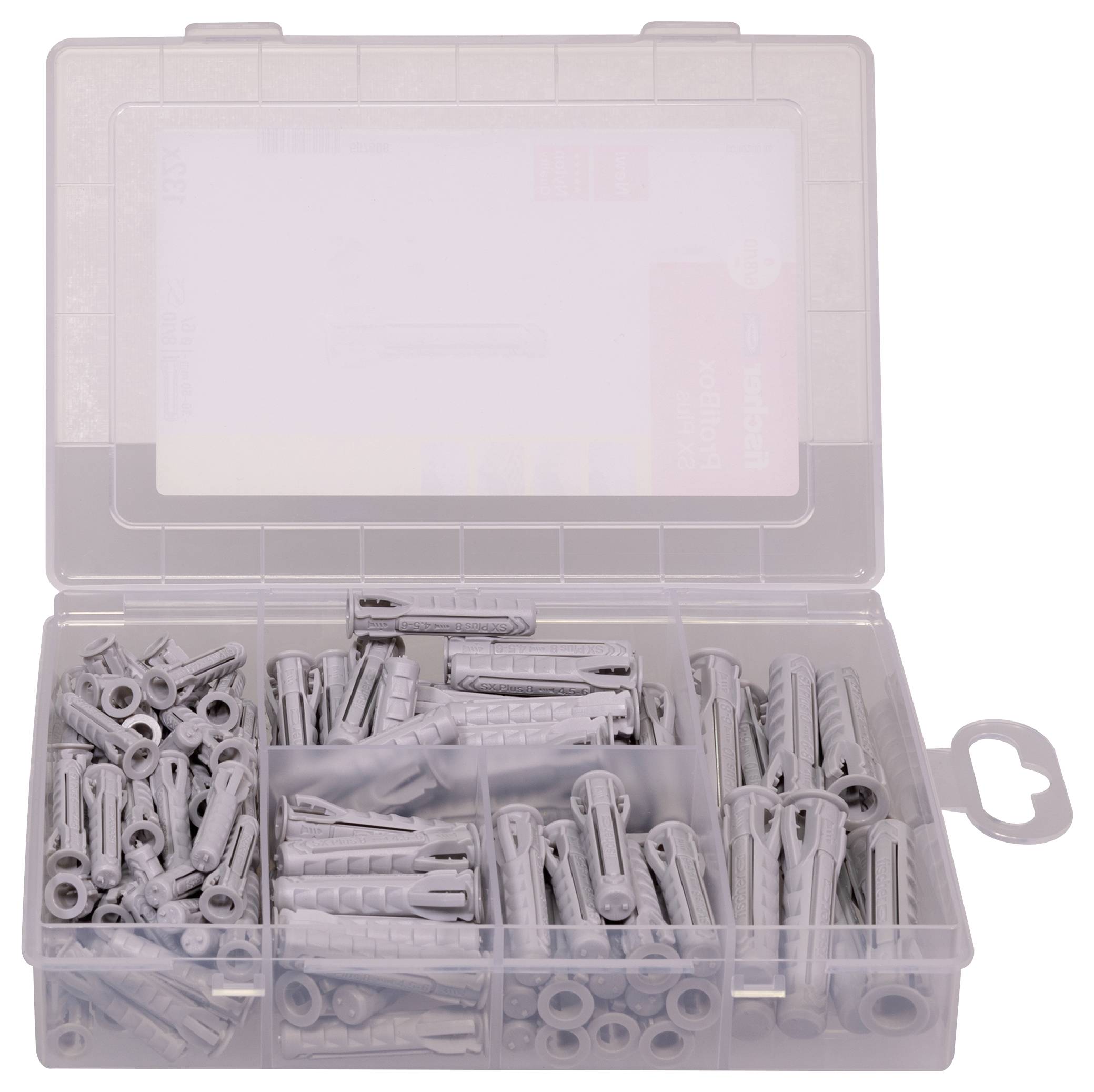 Bílé plastové hmoždinky s logem Fischeru a symbolem ryby. Vykazují zubaté struktury pro lepší uchycení ve zdech.