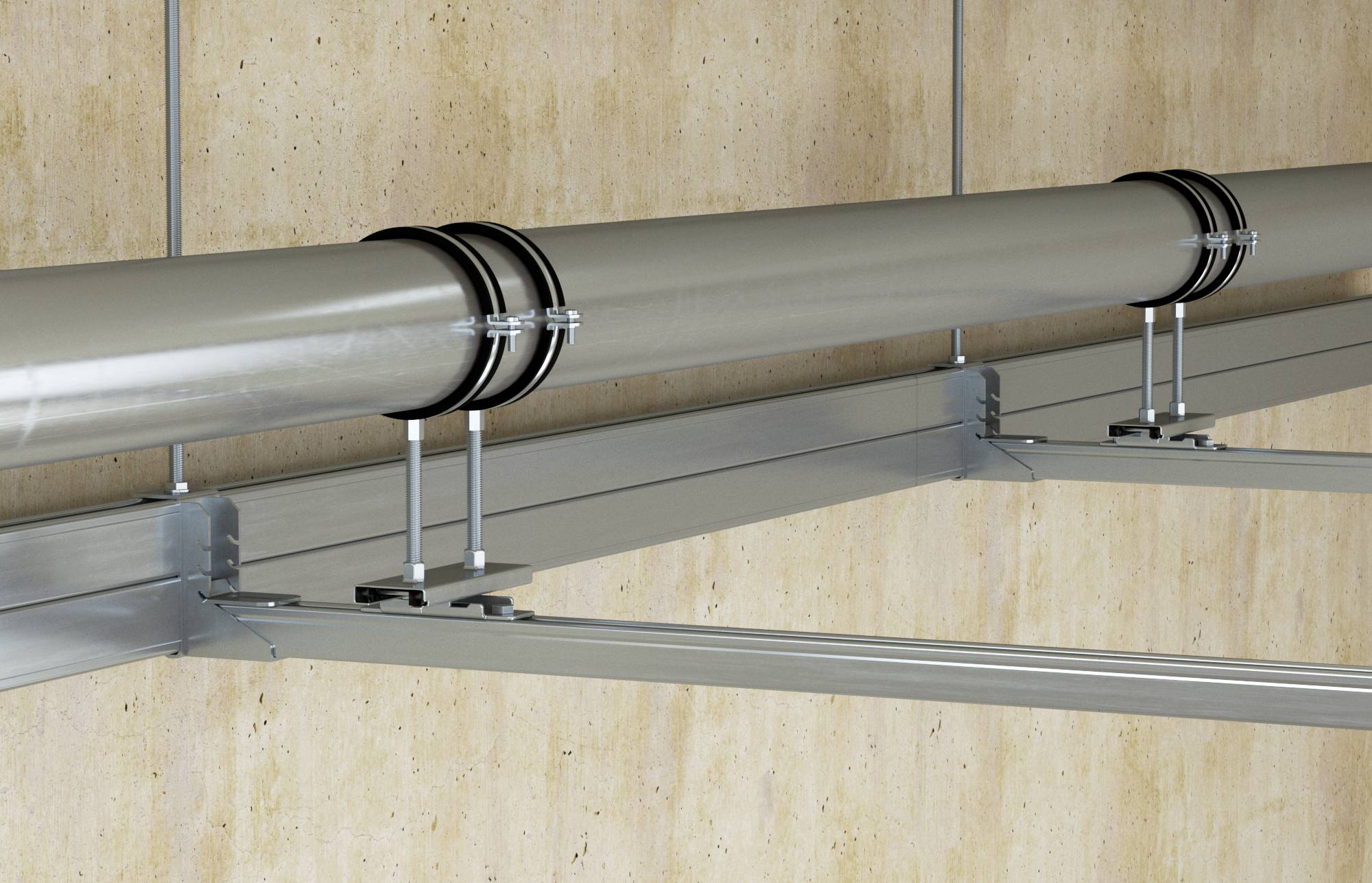 Potrubní systém upevněný na stěně. Kovové svorky zajišťují potrubí na kovové rámové konstrukci.