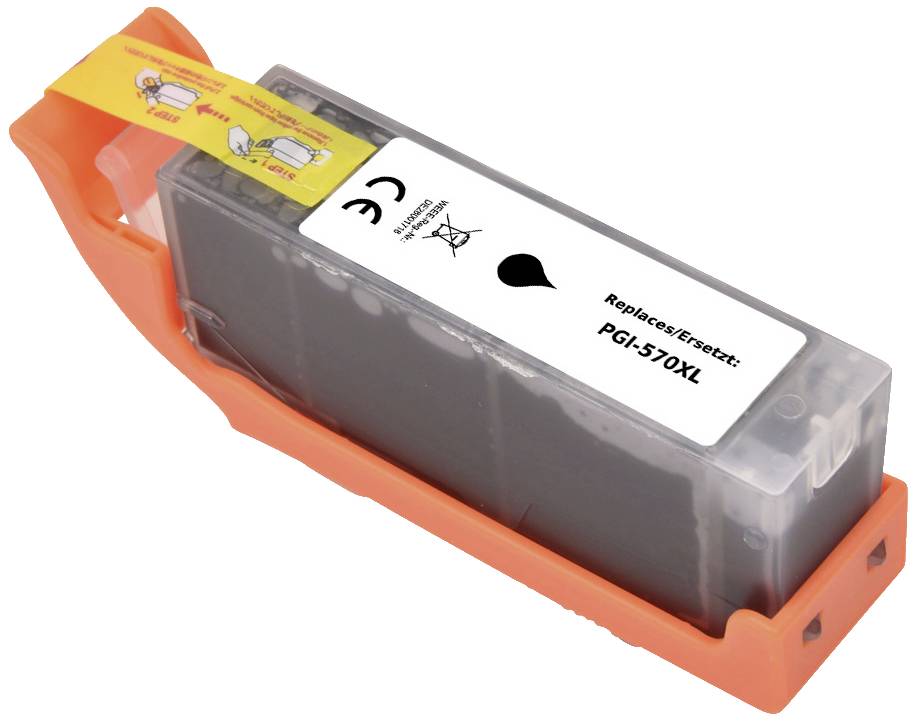 Černá inkoustová cartridge PGI-570XL od Replaces/Náhradní inkoust, zabalená v oranžovém držáku s informačním štítkem nahoře.