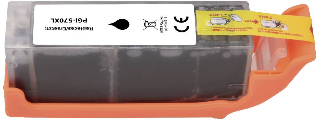 Černočerná oranžová inkoustová kazeta se žlutým štítkem s návodem k instalaci. Kód produktu 'PGI-570XL'.