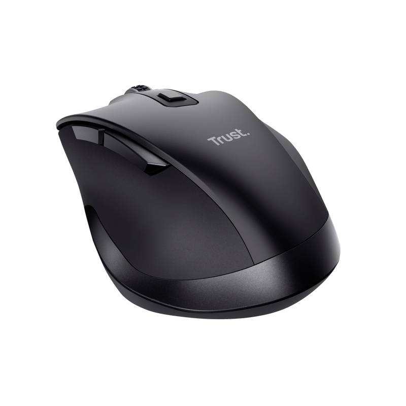 Černá bezdrátová počítačová myš s ergonomickým designem a dvěma postranními tlačítky.