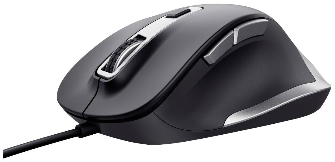 Černá počítačová myš s kabelem, dvěma postranními tlačítky a rolovacím kolečkem, vhodná pro ergonomické použití na PC nebo notebooku.