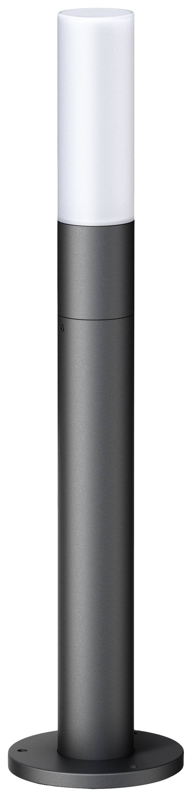 Černá válcovitá stojací lampa s bílým difuzorem nahoře; vhodná pro moderní venkovní prostory.