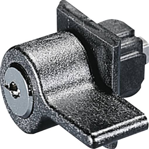 Černý mechanický zámek s oblým, otočným třmenem. Slouží k zabezpečení zařízení nebo skříní.