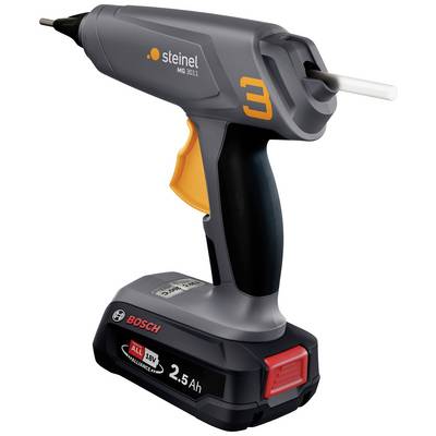 Bezdrátová tavná pistole s ergonomickou rukojetí a 18V akumulátorem Bosch. Firemní logo na zařízení, model 'Steinel NEO3'.