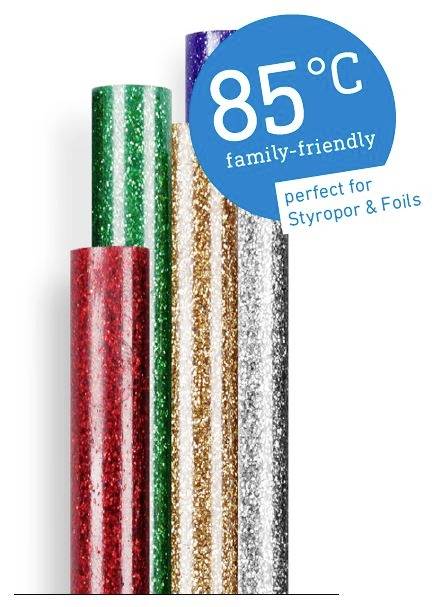 Třpytivé fóliové role v červené, zelené, fialové, stříbrné a zlaté barvě. Potisk: '85 °C vhodné pro rodiny, ideální na polystyren a fólie'.