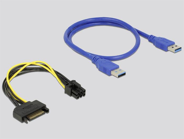 Dva kabely: Vlevo černý kabel se žlutou a černou koncovkou, vpravo modré USB kabel se dvěma konektory.