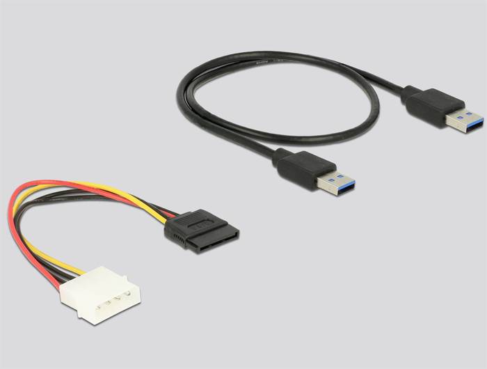Dva kabely: Napájecí kabel SATA s bílou zástrčkou a třemi barevnými vodiči, černý USB kabel se dvěma modrými USB konektory.