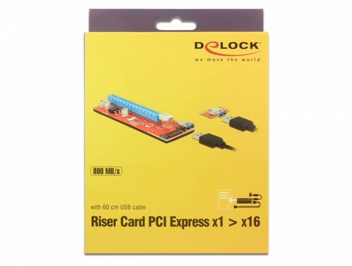 Žlutý obal značky Delock s obrázkem riser karty PCI Express x1 na x16. Text: '800 MB/s' a 'včetně 60cm USB kabelu'.