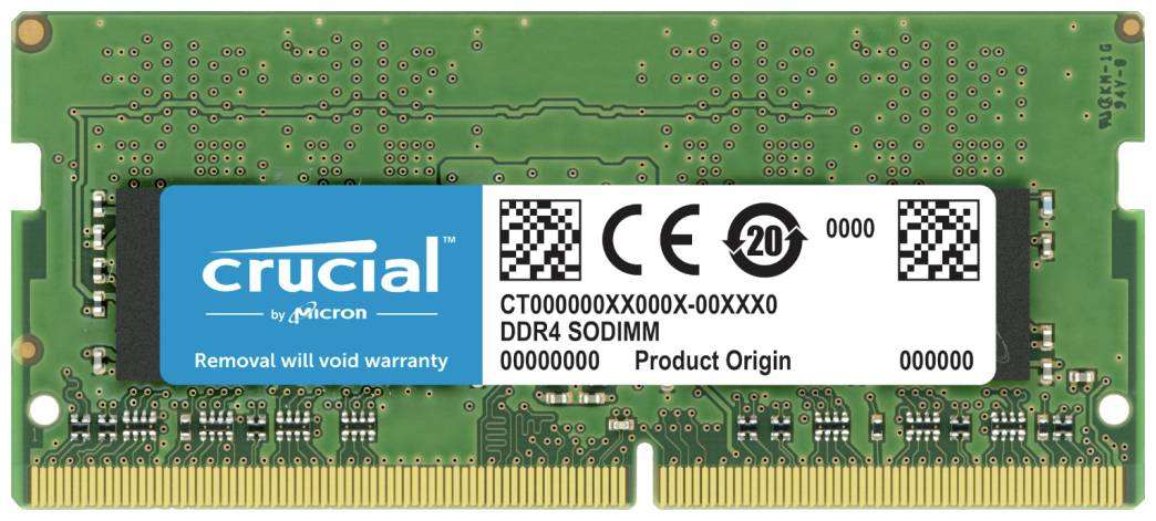 Zelená DDR4 SODIMM paměťová karta RAM od společnosti 'Crucial by Micron'. Text na štítku: 'Odstranění ruší záruku', číslo produktu a původ.