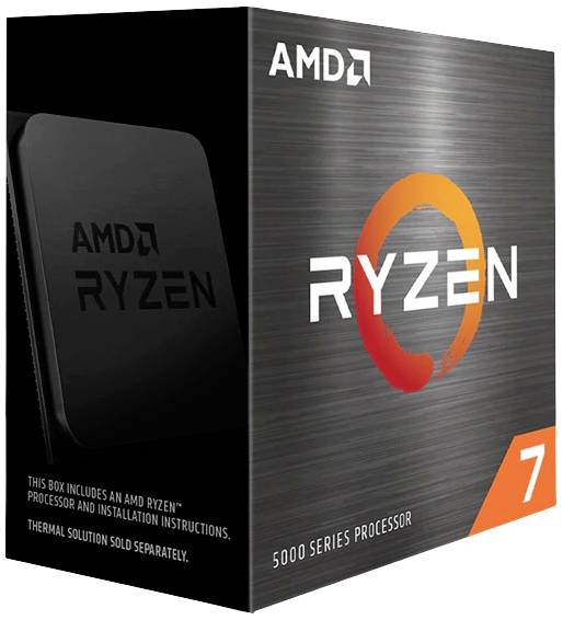 Černý obal procesoru AMD Ryzen 7 5000 série s oranžovým logem a nápisem. Termální držák je prodáván samostatně.