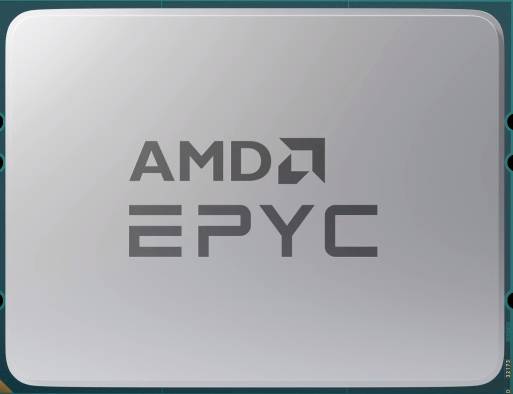 Procesor s nápisem 'AMD EPYC' na horní straně ukazuje logo výrobce počítačových čipů.