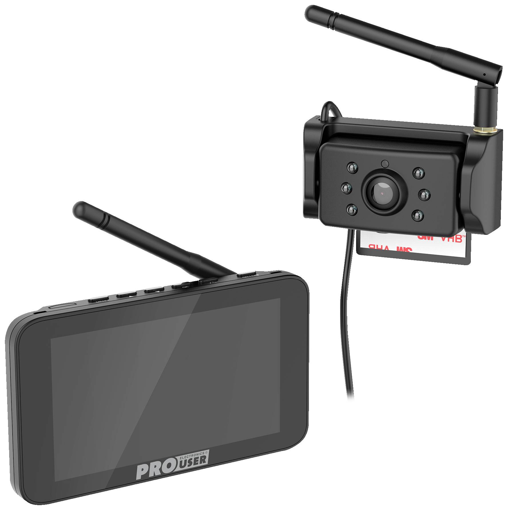 Bezdrátová zadní couvací kamera s monitorem. Kamera je vybavena několika LED diodami a antény jsou umístěny na obou zařízeních.