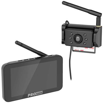 Bezdrátová zadní couvací kamera s monitorem. Kamera je vybavena několika LED diodami a antény jsou umístěny na obou zařízeních.