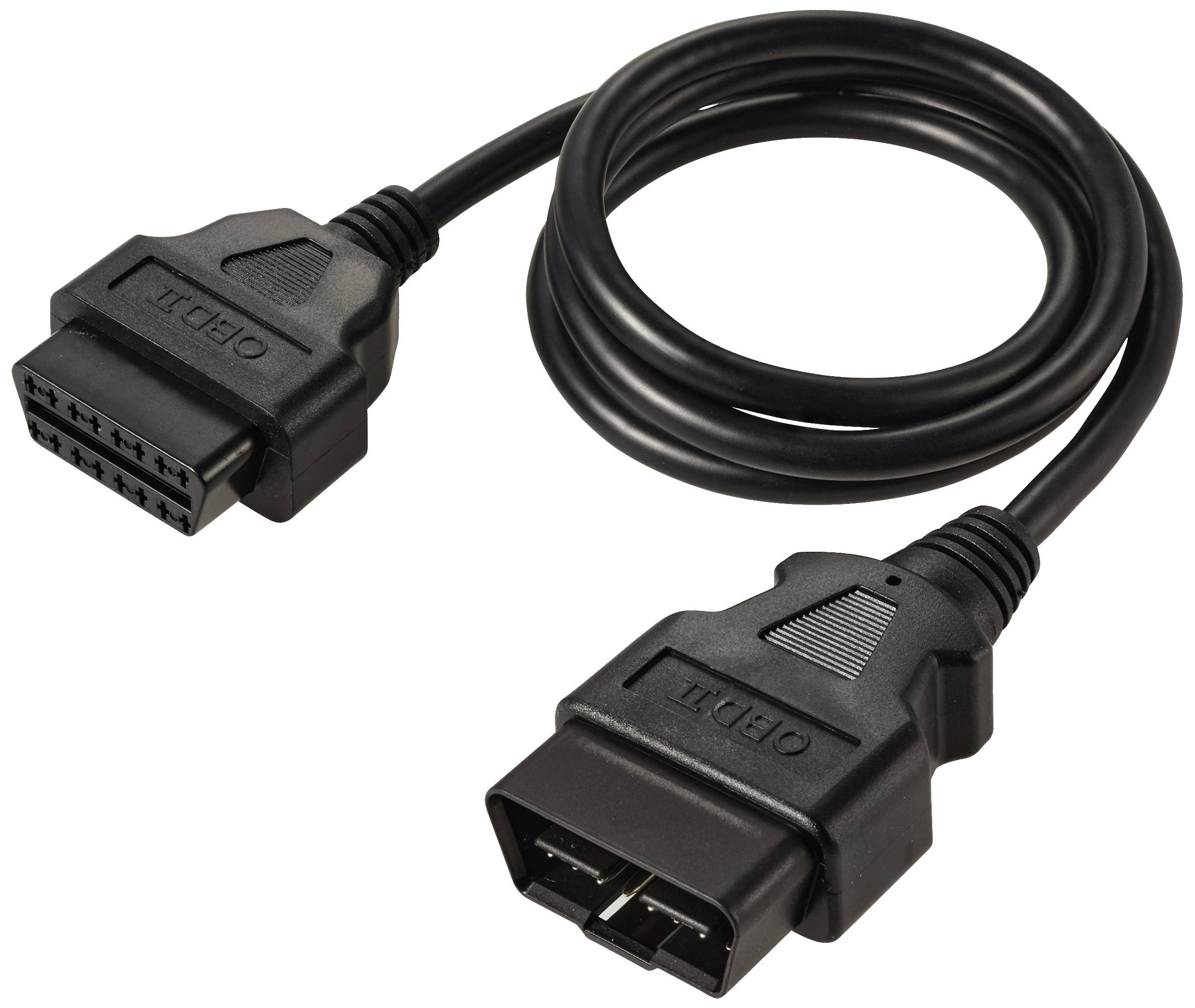 Černý diagnostický kabel OBD-II se dvěma konektory na koncích, používaný pro diagnostiku vozidel, je svinutý na bílém povrchu.